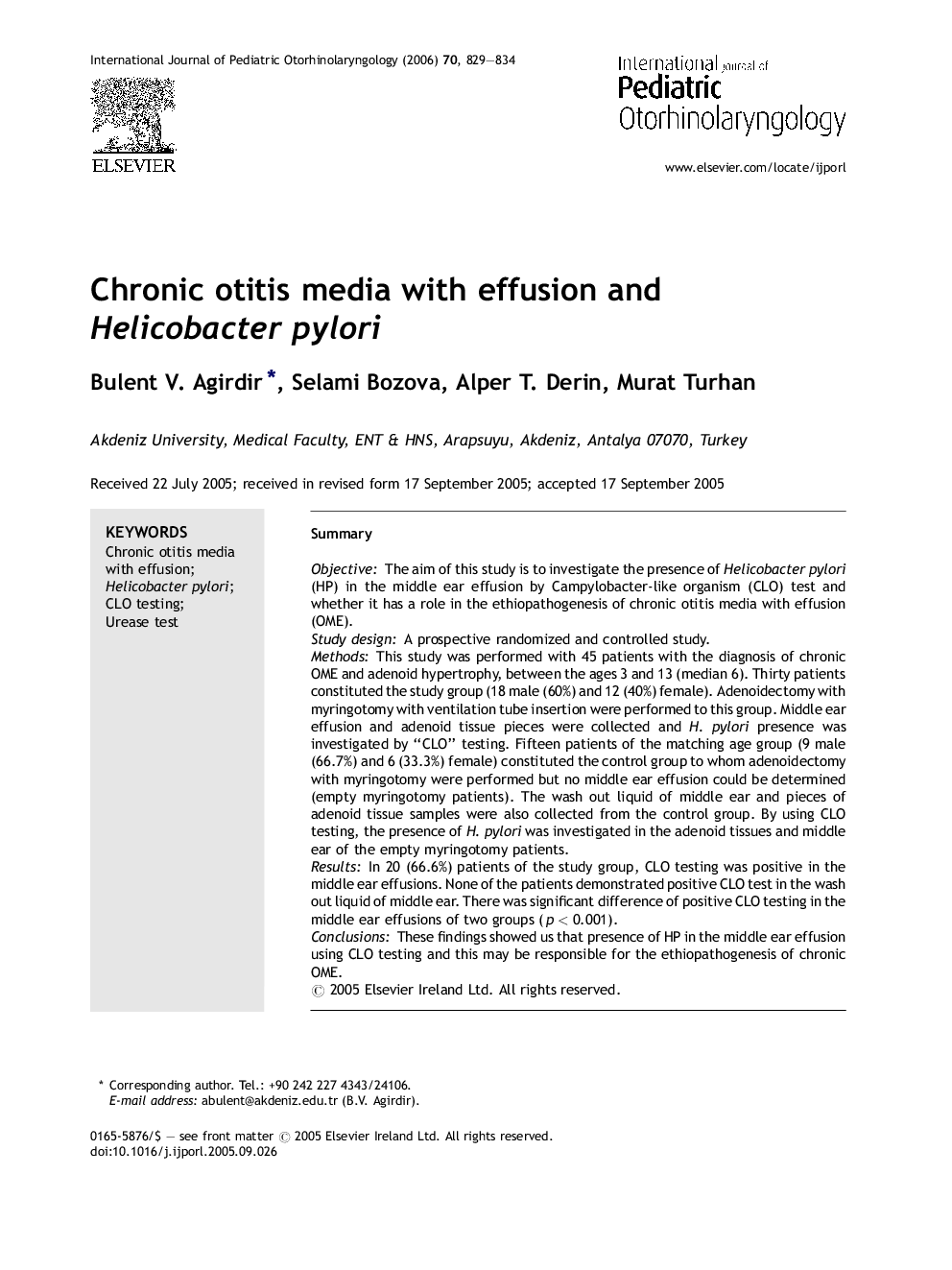 Chronic otitis media with effusion and Helicobacter pylori