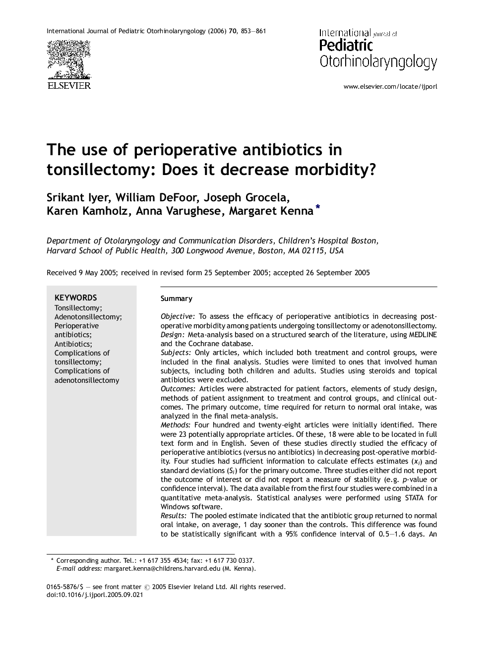 The use of perioperative antibiotics in tonsillectomy: Does it decrease morbidity?