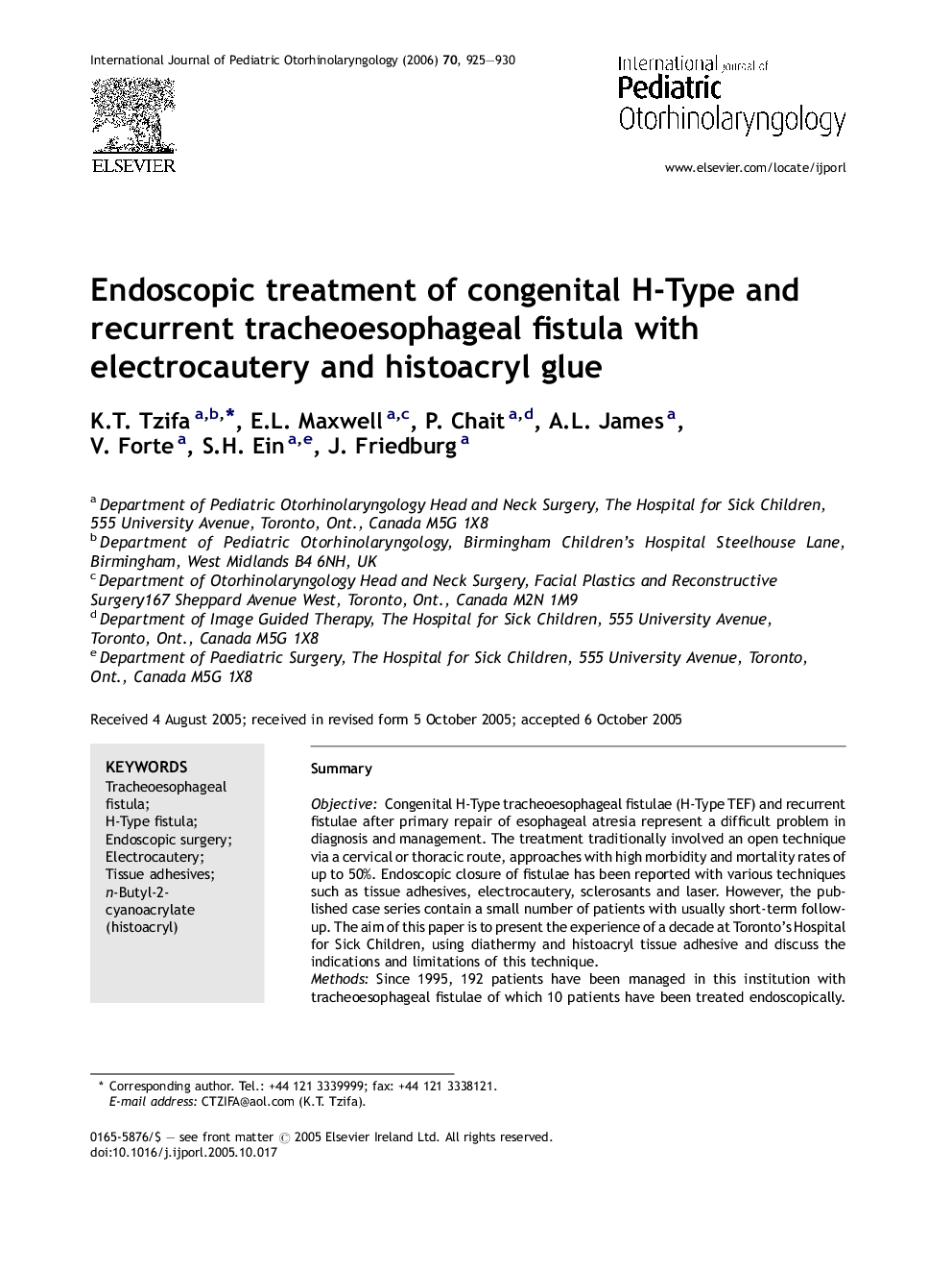 Endoscopic treatment of congenital H-Type and recurrent tracheoesophageal fistula with electrocautery and histoacryl glue