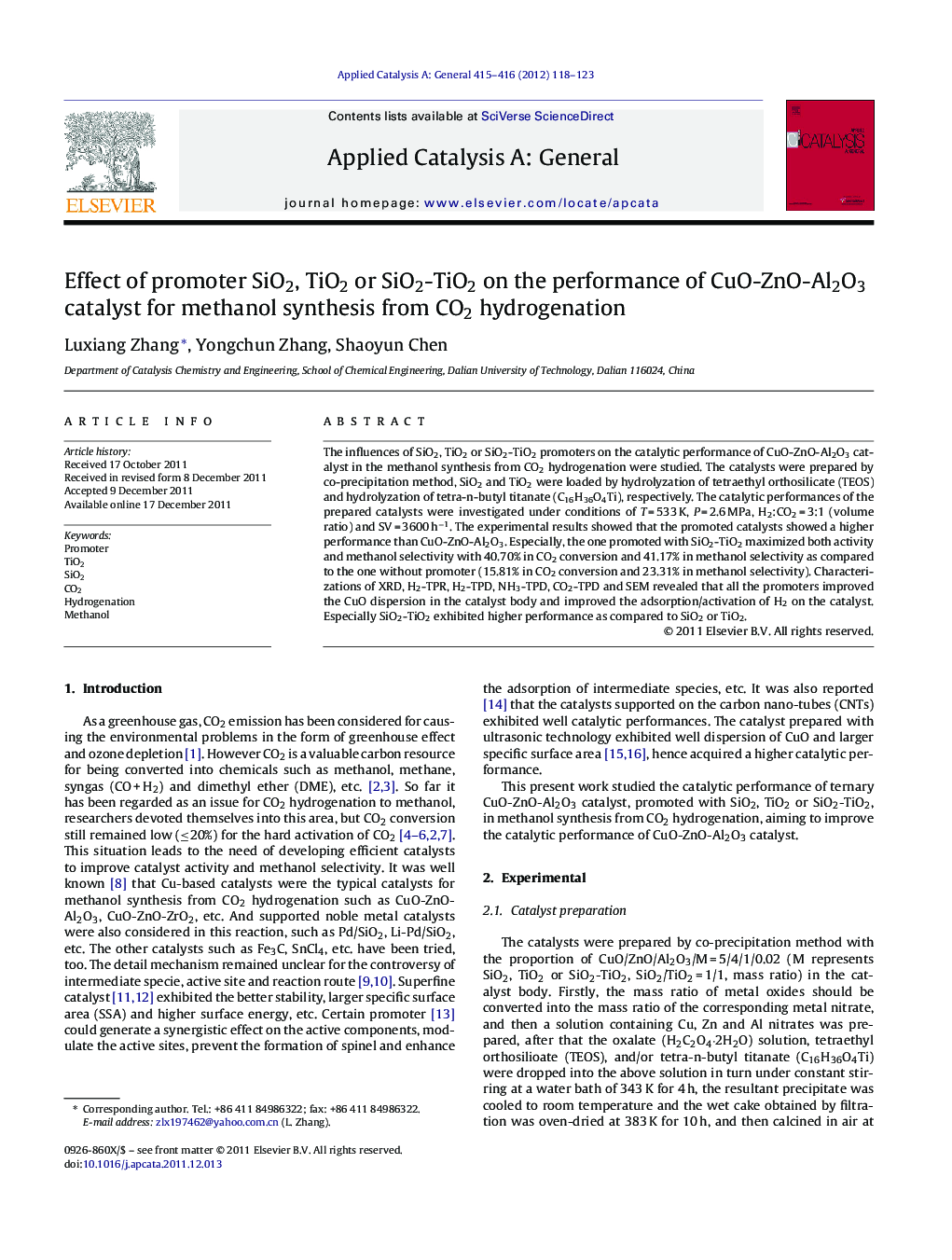 Effect of promoter SiO2, TiO2 or SiO2-TiO2 on the performance of CuO-ZnO-Al2O3 catalyst for methanol synthesis from CO2 hydrogenation