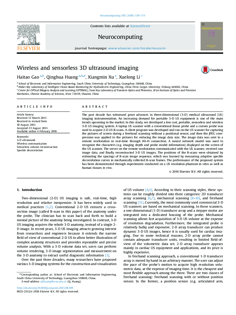 Wireless and sensorless 3D ultrasound imaging