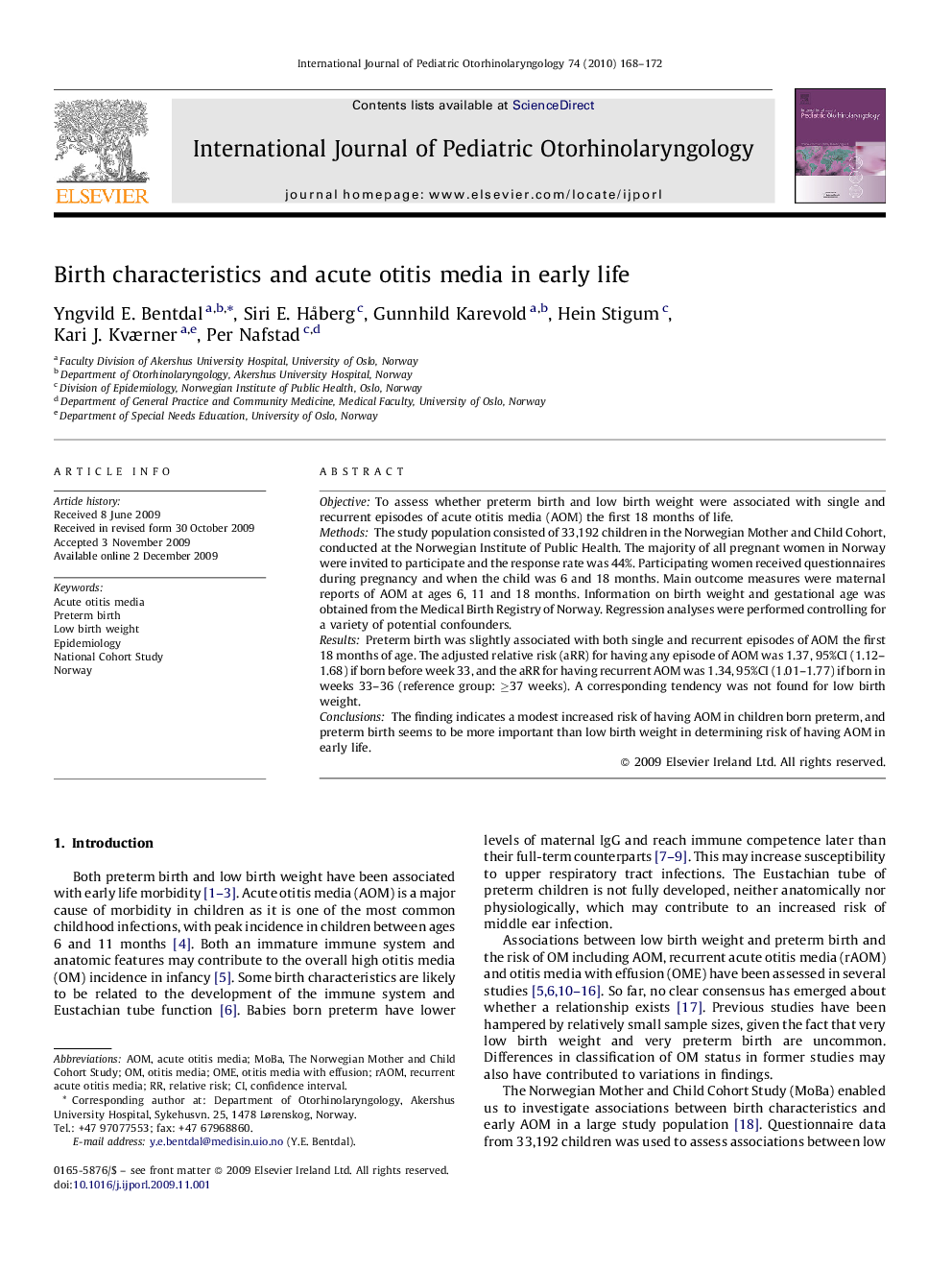 Birth characteristics and acute otitis media in early life