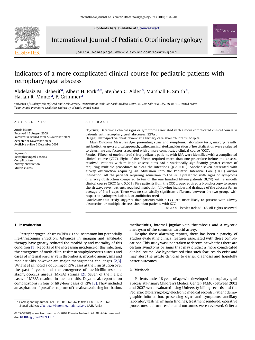 Indicators of a more complicated clinical course for pediatric patients with retropharyngeal abscess