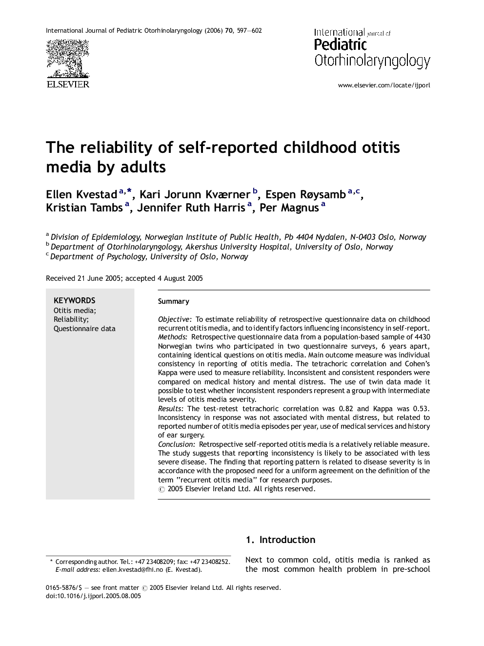 The reliability of self-reported childhood otitis media by adults