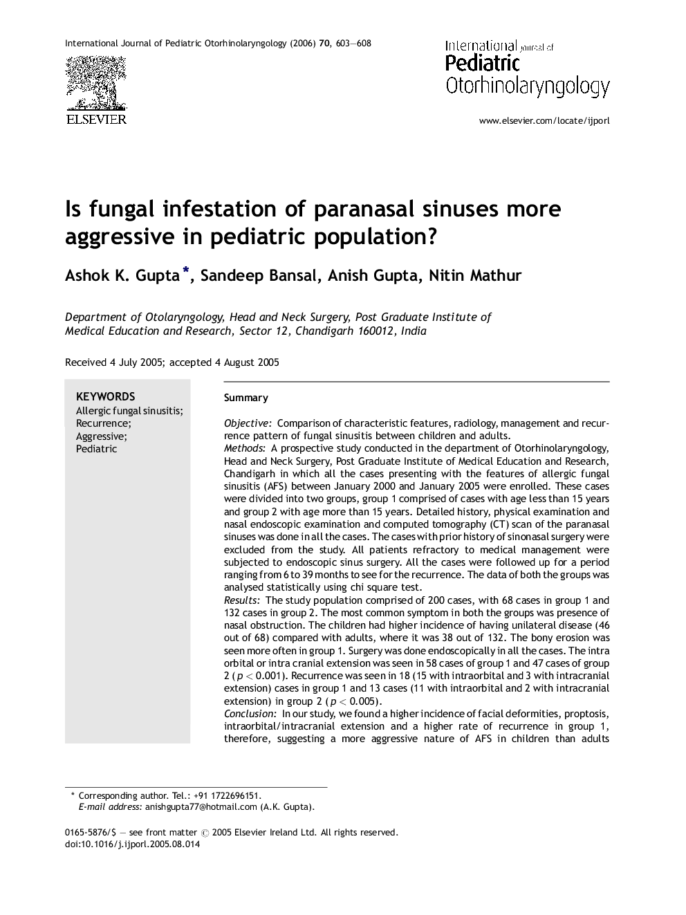 Is fungal infestation of paranasal sinuses more aggressive in pediatric population?