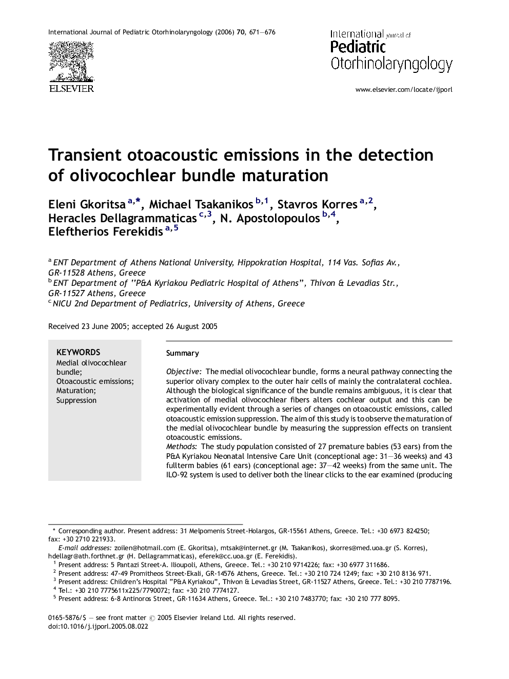 Transient otoacoustic emissions in the detection of olivocochlear bundle maturation