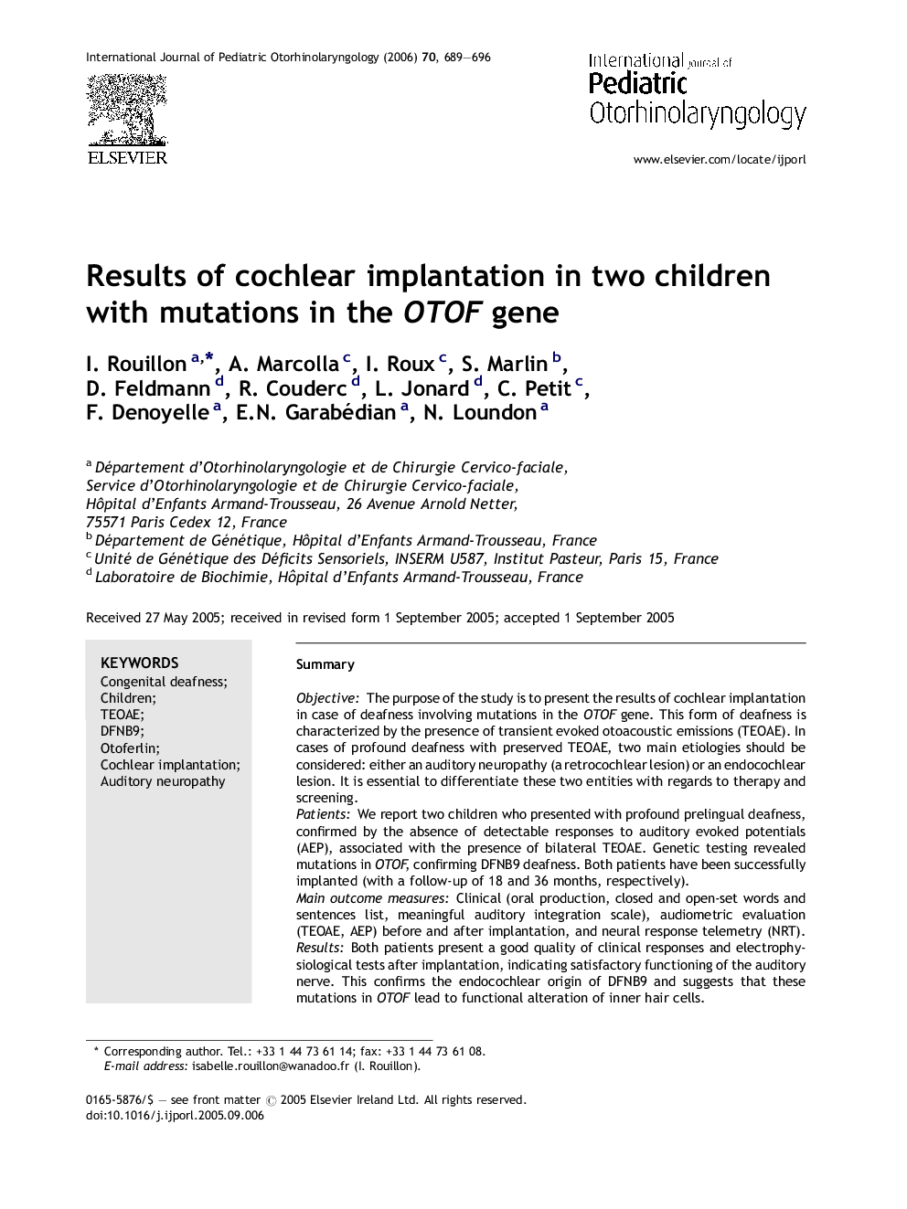 Results of cochlear implantation in two children with mutations in the OTOF gene