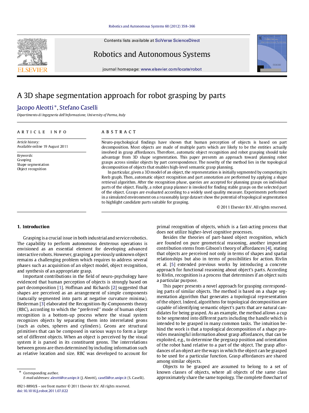 A 3D shape segmentation approach for robot grasping by parts