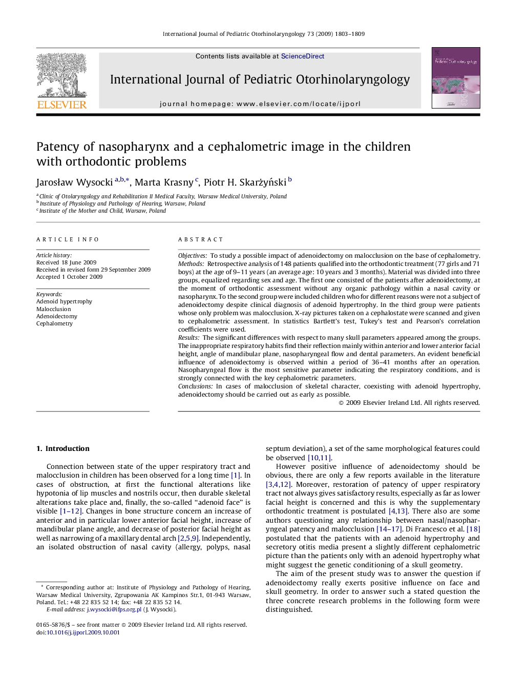 Patency of nasopharynx and a cephalometric image in the children with orthodontic problems