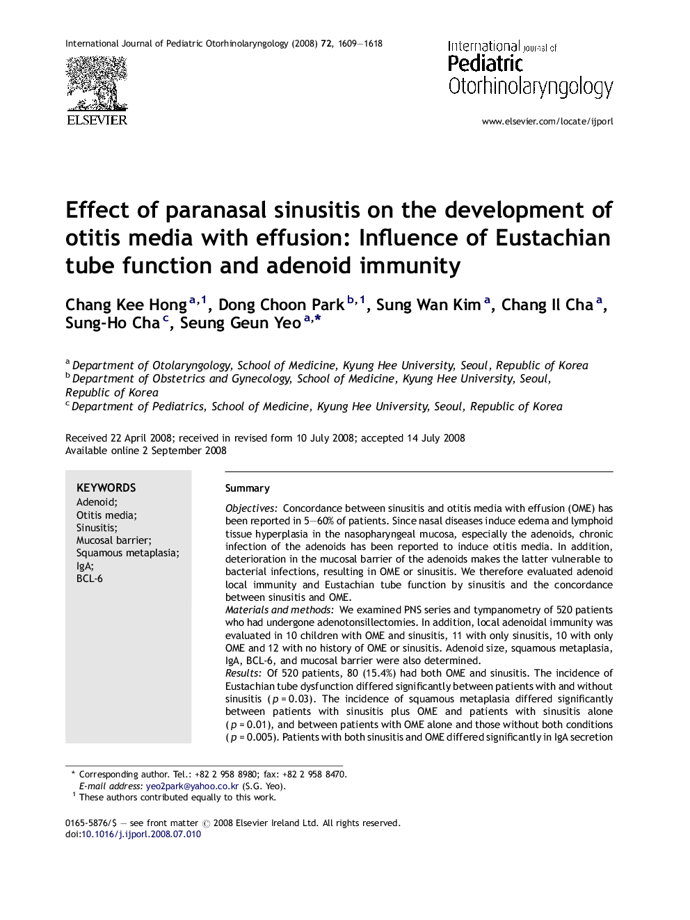 Effect of paranasal sinusitis on the development of otitis media with effusion: Influence of Eustachian tube function and adenoid immunity