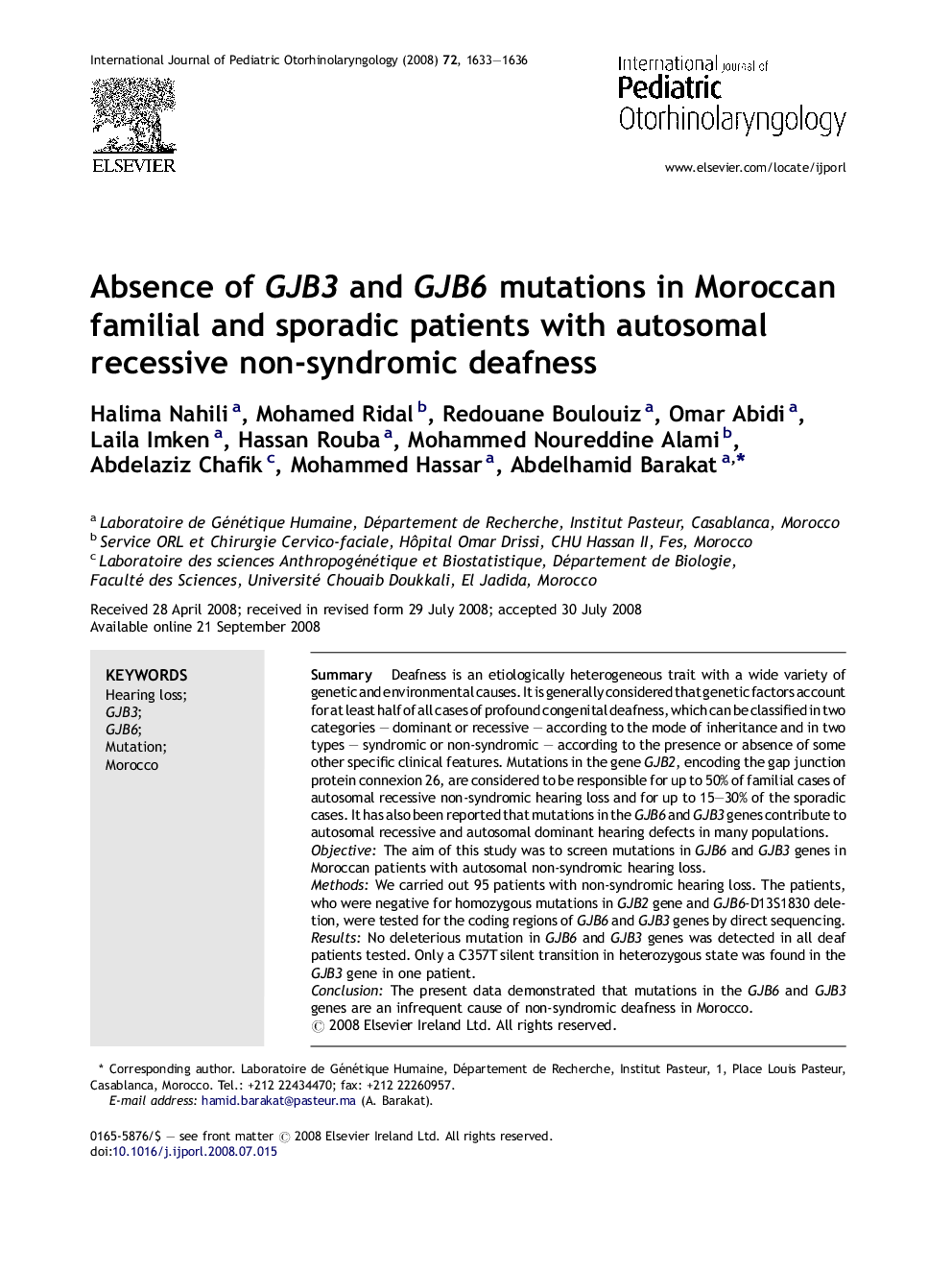 Absence of GJB3 and GJB6 mutations in Moroccan familial and sporadic patients with autosomal recessive non-syndromic deafness