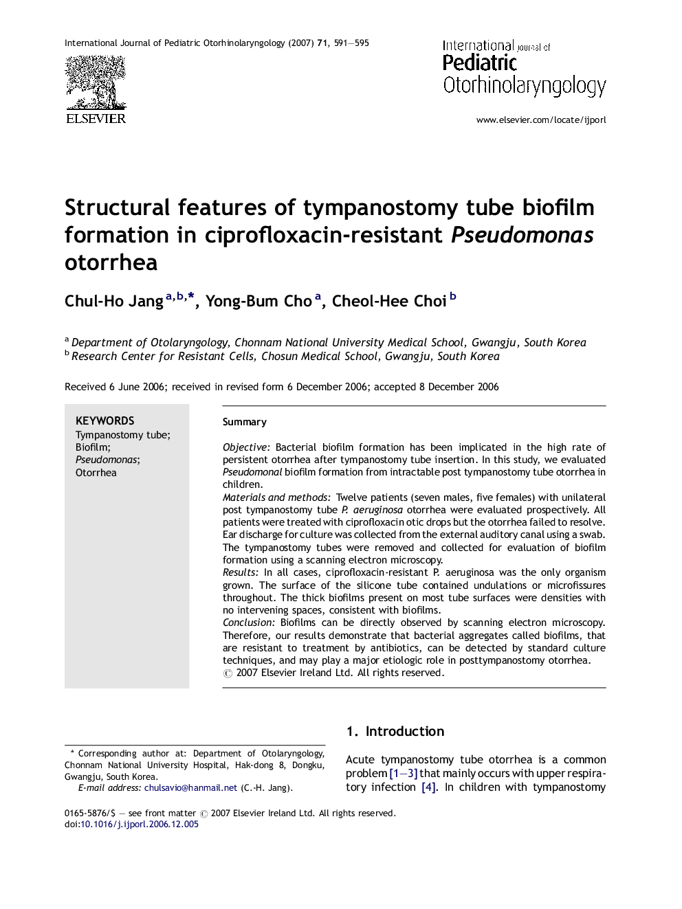 Structural features of tympanostomy tube biofilm formation in ciprofloxacin-resistant Pseudomonas otorrhea