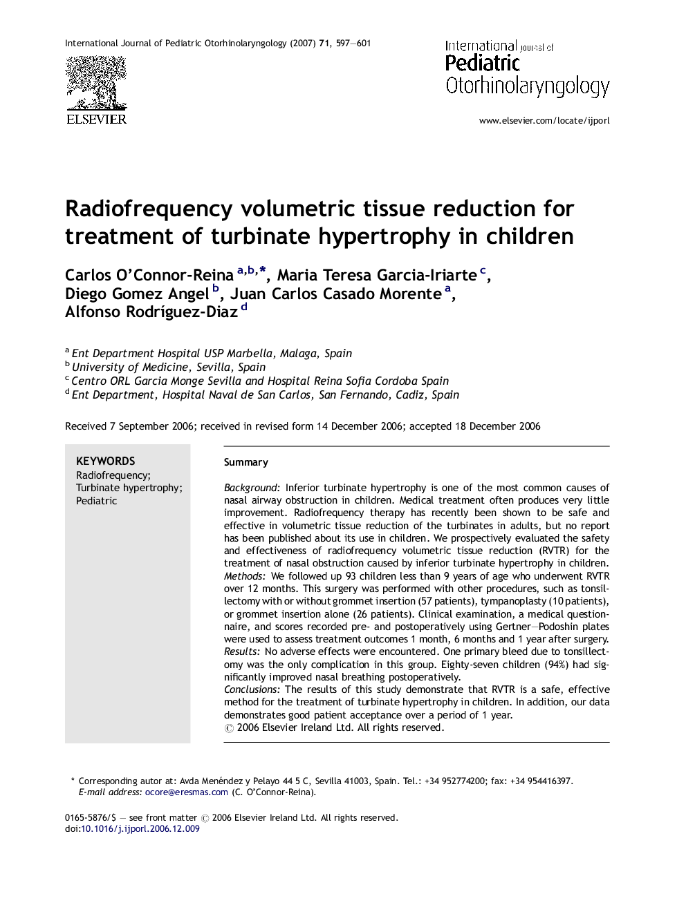 Radiofrequency volumetric tissue reduction for treatment of turbinate hypertrophy in children