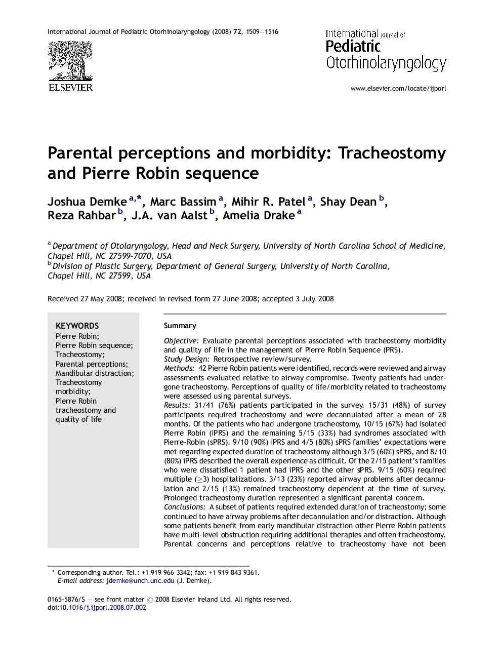 Parental perceptions and morbidity: Tracheostomy and Pierre Robin sequence