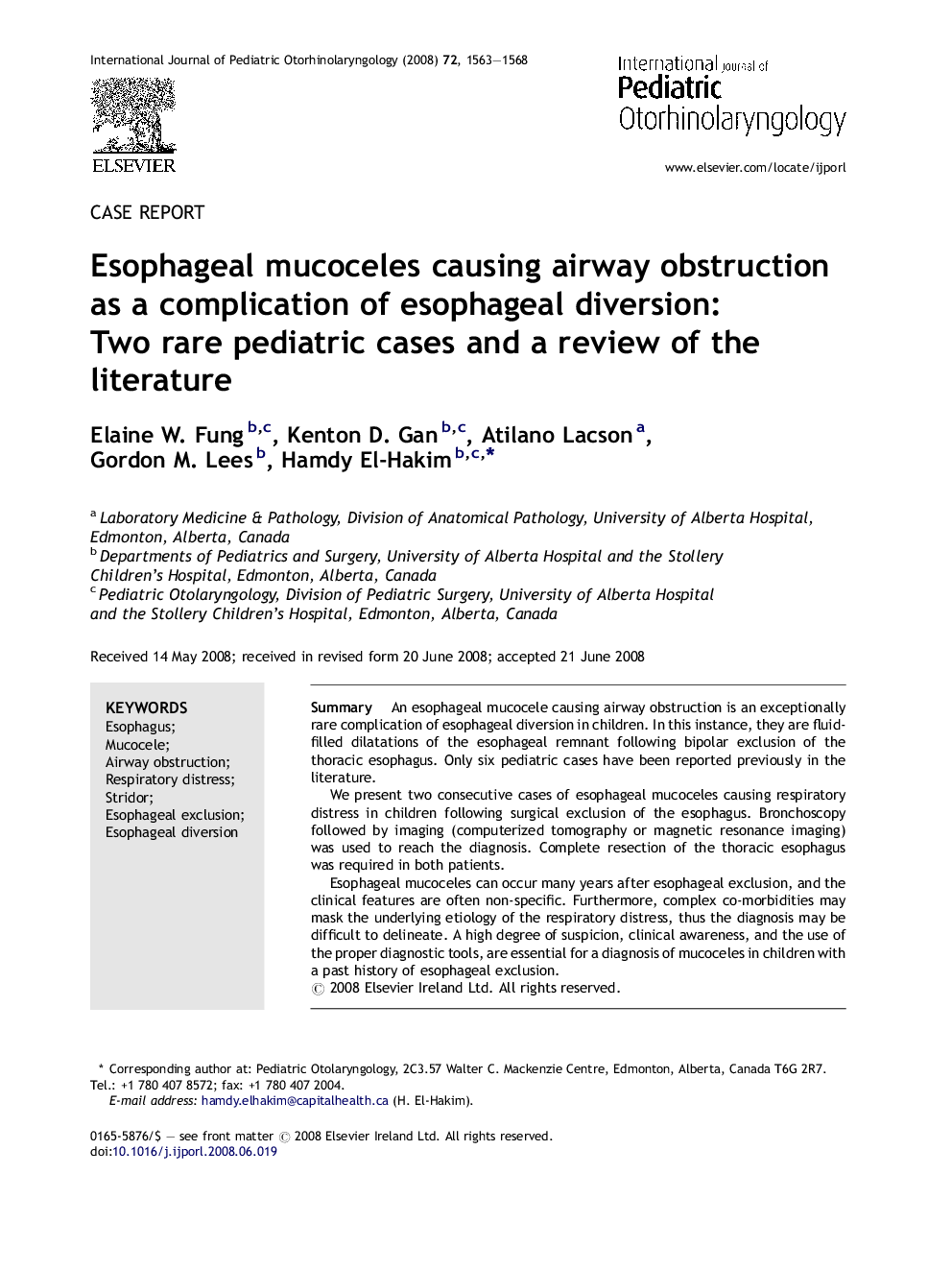 Esophageal mucoceles causing airway obstruction as a complication of esophageal diversion: Two rare pediatric cases and a review of the literature