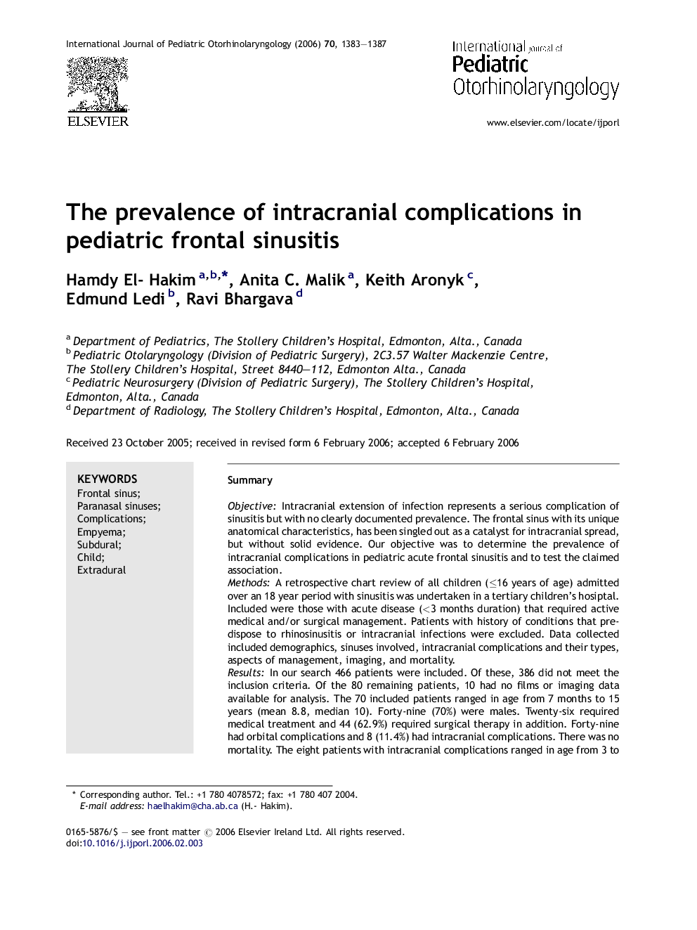 The prevalence of intracranial complications in pediatric frontal sinusitis