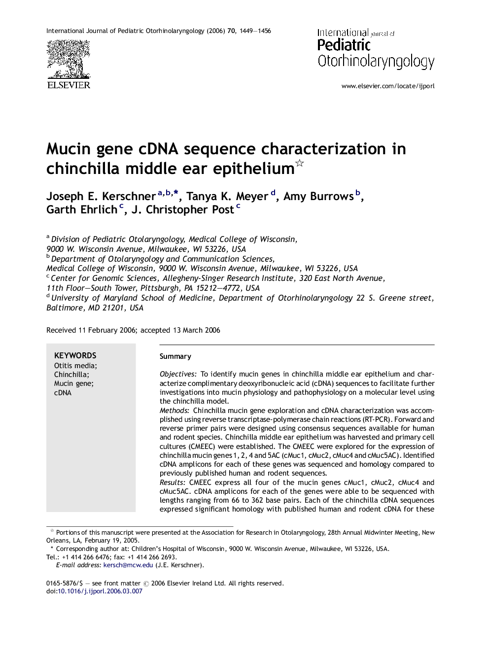 Mucin gene cDNA sequence characterization in chinchilla middle ear epithelium 