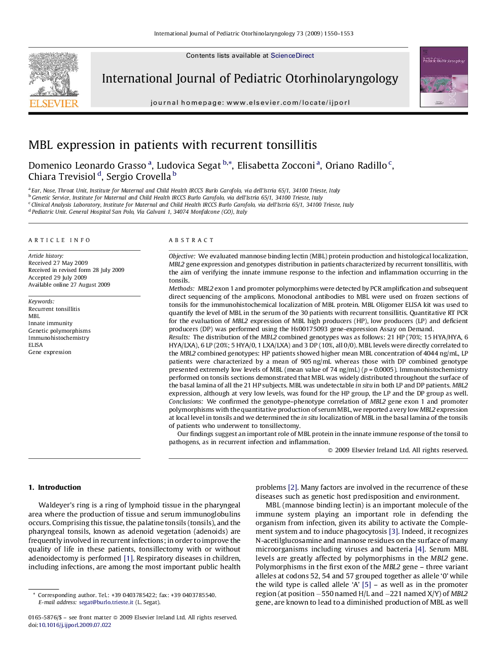 MBL expression in patients with recurrent tonsillitis