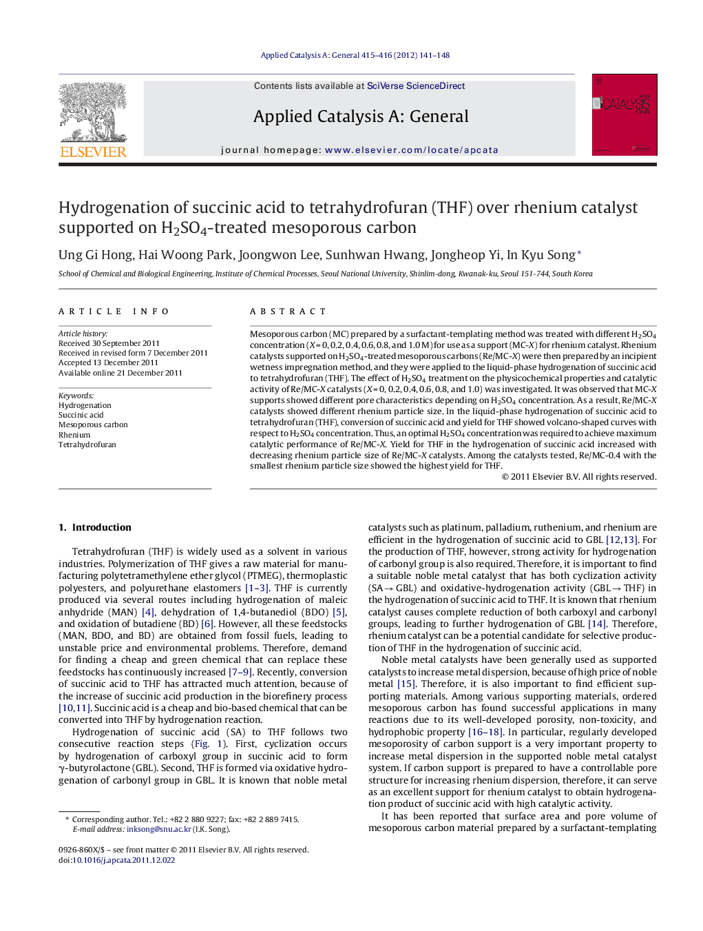 Hydrogenation of succinic acid to tetrahydrofuran (THF) over rhenium catalyst supported on H2SO4-treated mesoporous carbon