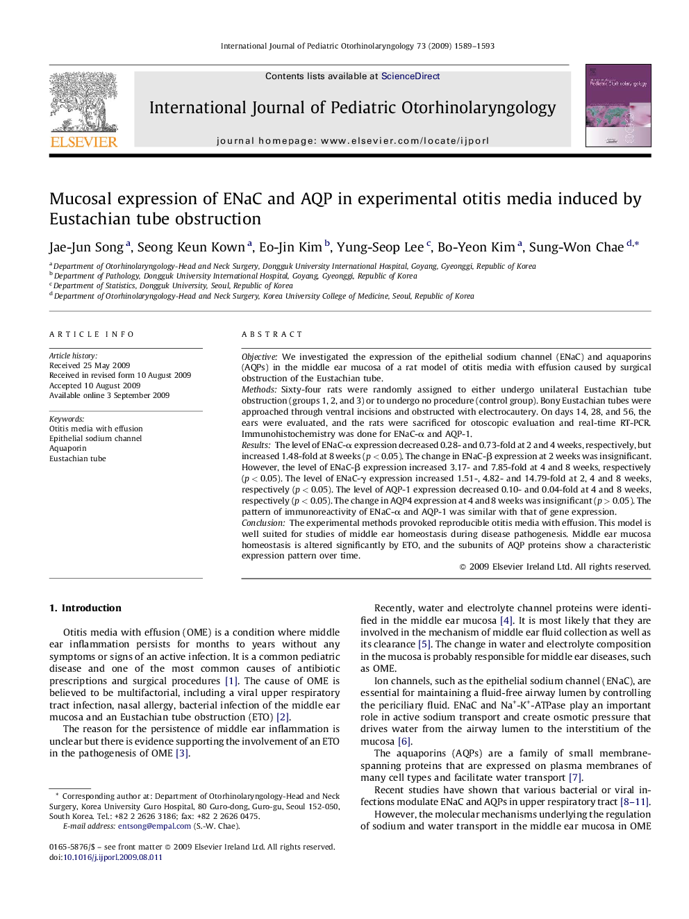 Mucosal expression of ENaC and AQP in experimental otitis media induced by Eustachian tube obstruction