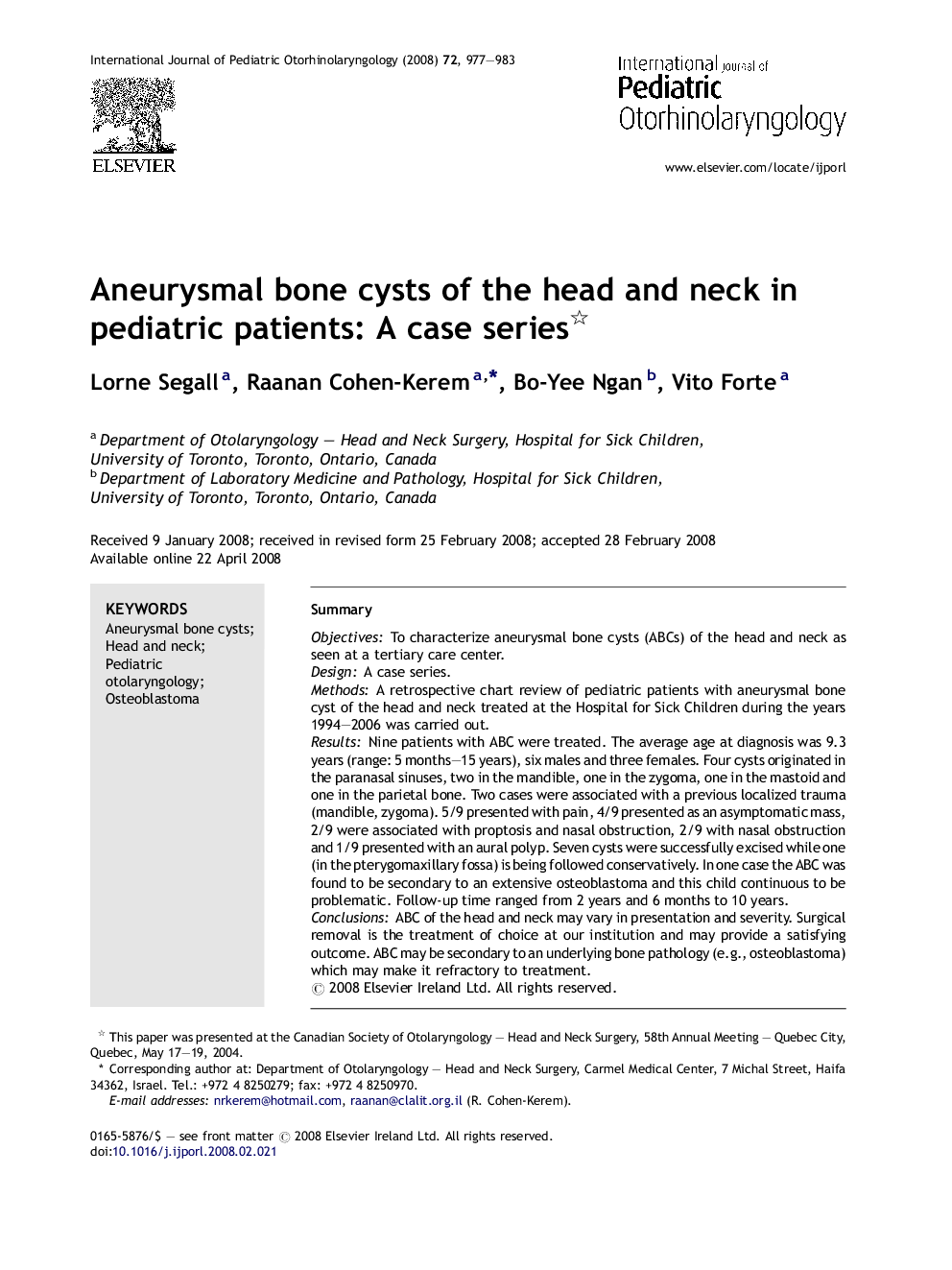 Aneurysmal bone cysts of the head and neck in pediatric patients: A case series 