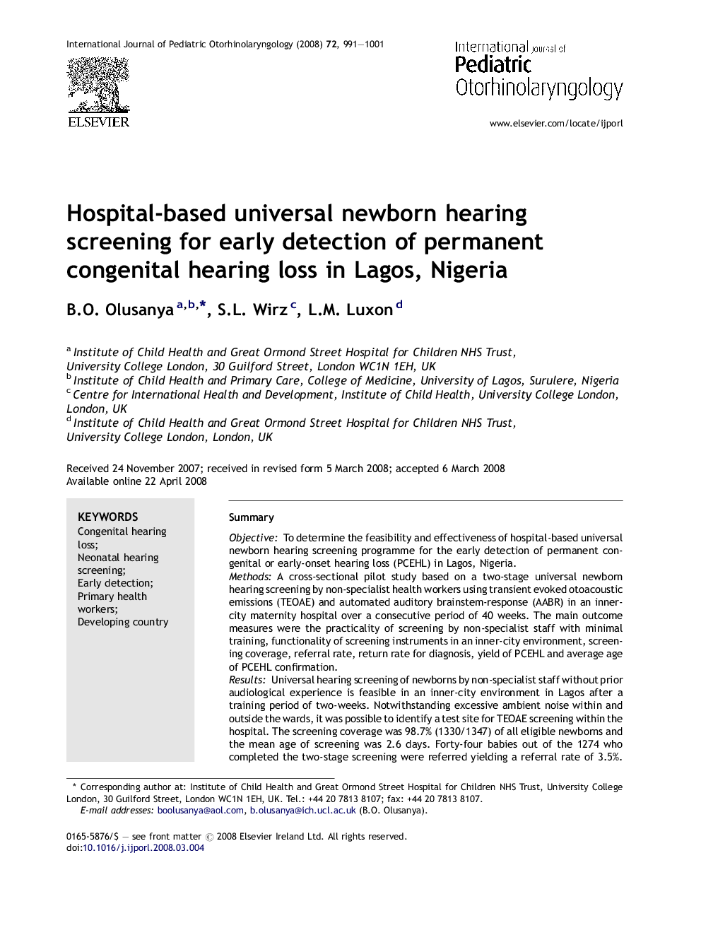 Hospital-based universal newborn hearing screening for early detection of permanent congenital hearing loss in Lagos, Nigeria