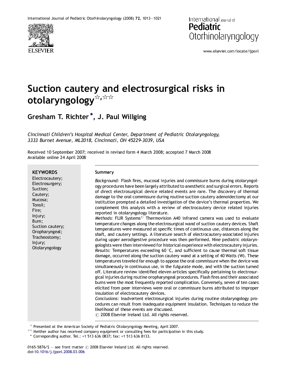 Suction cautery and electrosurgical risks in otolaryngology 