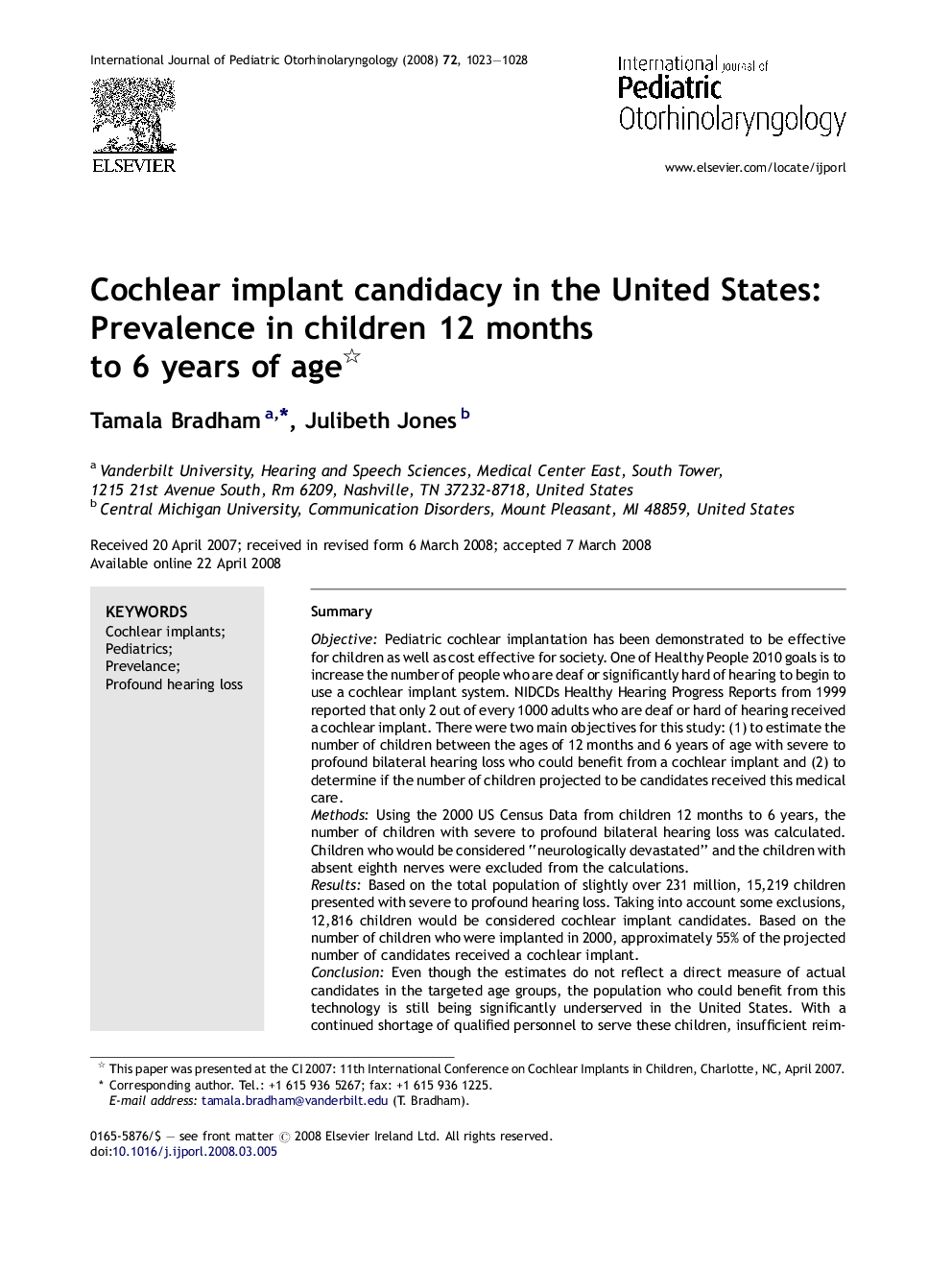 Cochlear implant candidacy in the United States: Prevalence in children 12 months to 6 years of age 