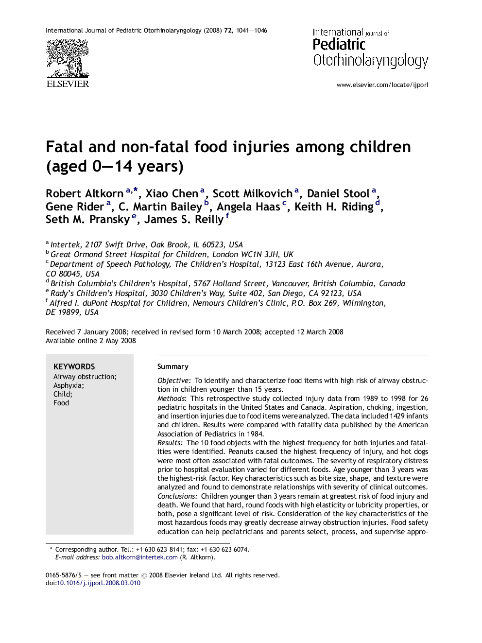 Fatal and non-fatal food injuries among children (aged 0–14 years)