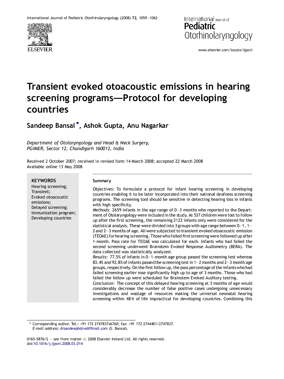 Transient evoked otoacoustic emissions in hearing screening programs—Protocol for developing countries