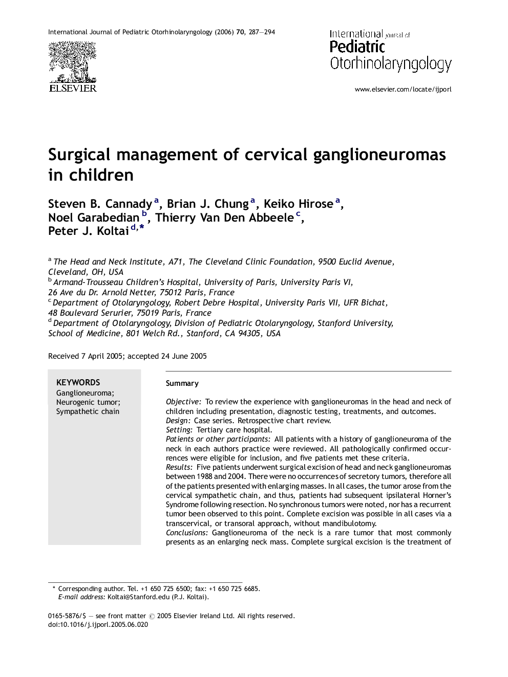 Surgical management of cervical ganglioneuromas in children