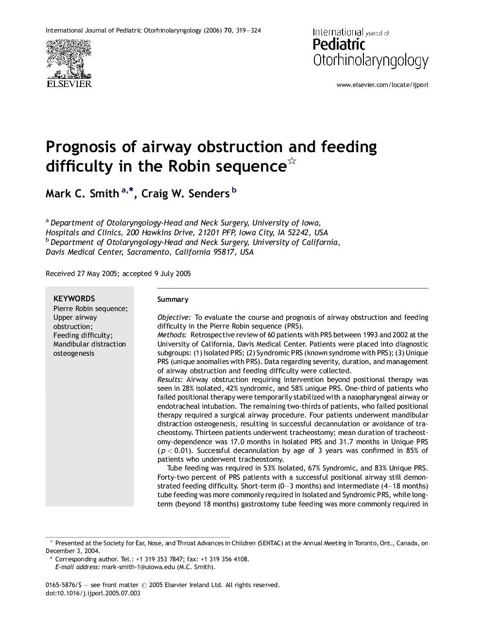 Prognosis of airway obstruction and feeding difficulty in the Robin sequence 