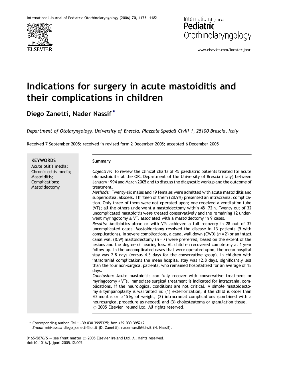 Indications for surgery in acute mastoiditis and their complications in children