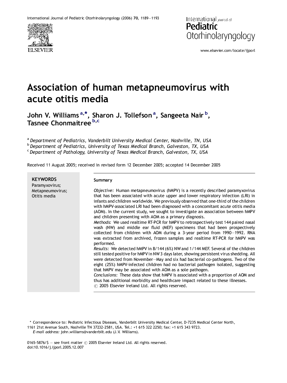 Association of human metapneumovirus with acute otitis media