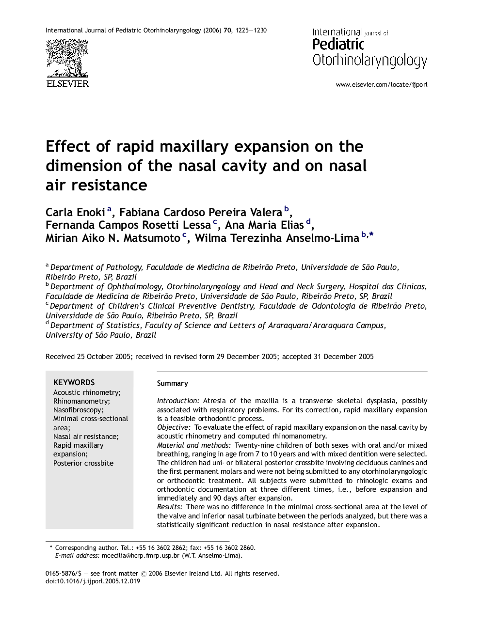 Effect of rapid maxillary expansion on the dimension of the nasal cavity and on nasal air resistance
