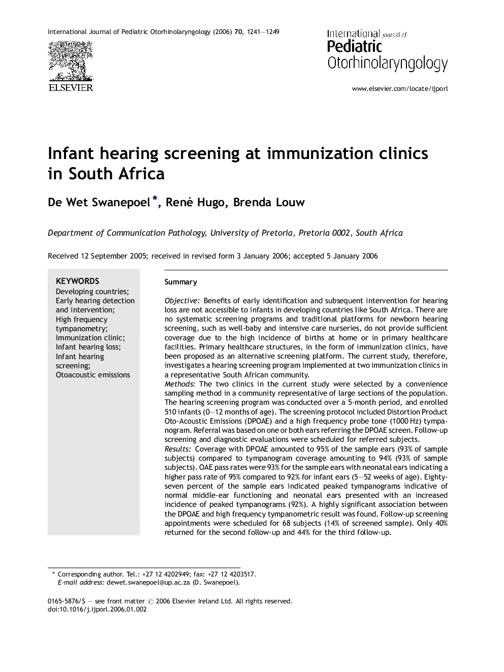 Infant hearing screening at immunization clinics in South Africa