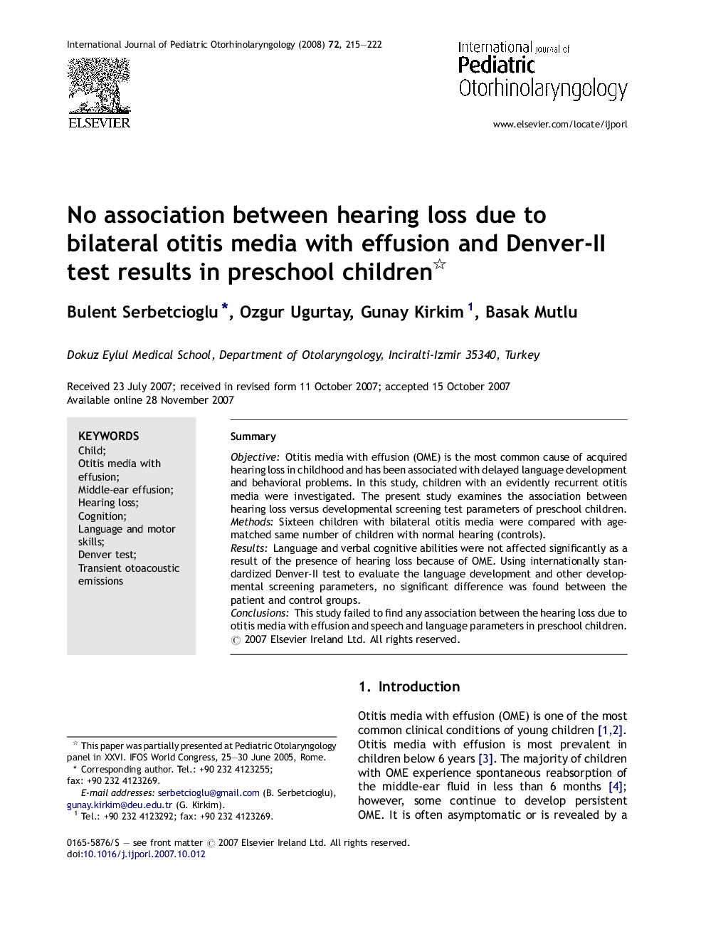 No association between hearing loss due to bilateral otitis media with effusion and Denver-II test results in preschool children 