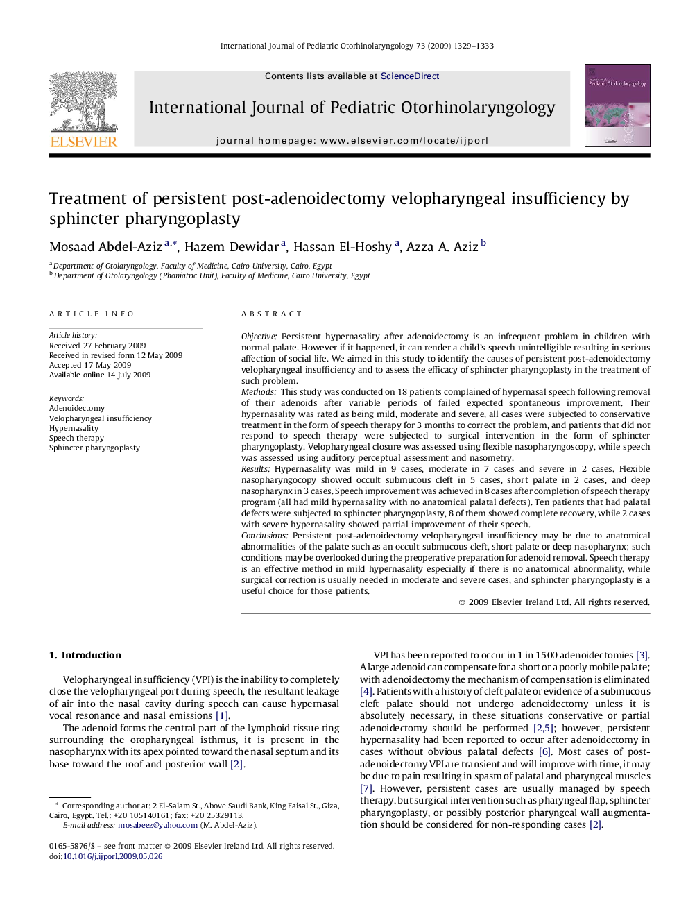 Treatment of persistent post-adenoidectomy velopharyngeal insufficiency by sphincter pharyngoplasty