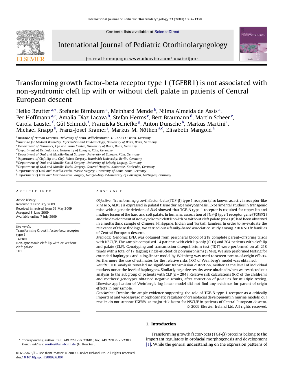 Transforming growth factor-beta receptor type 1 (TGFBR1) is not associated with non-syndromic cleft lip with or without cleft palate in patients of Central European descent