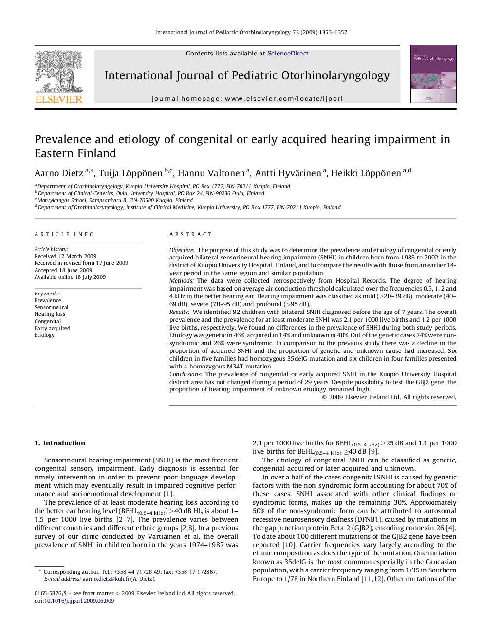 Prevalence and etiology of congenital or early acquired hearing impairment in Eastern Finland