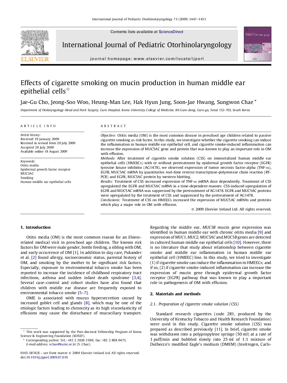 Effects of cigarette smoking on mucin production in human middle ear epithelial cells 