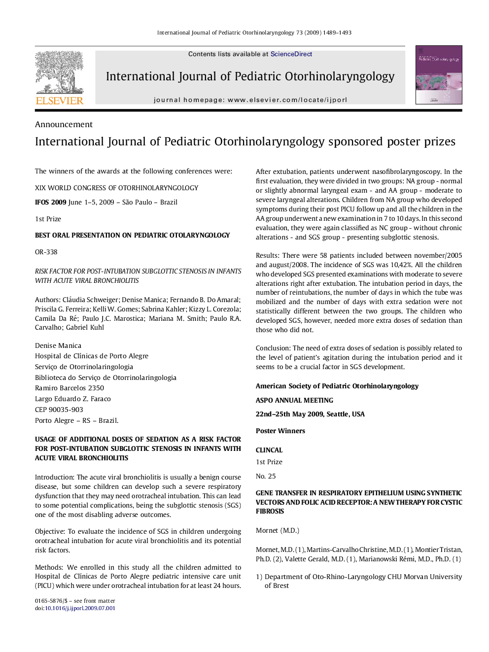 Announcement: International Journal of Pediatric Otorhinolaryngology Sponser Poster Prizes