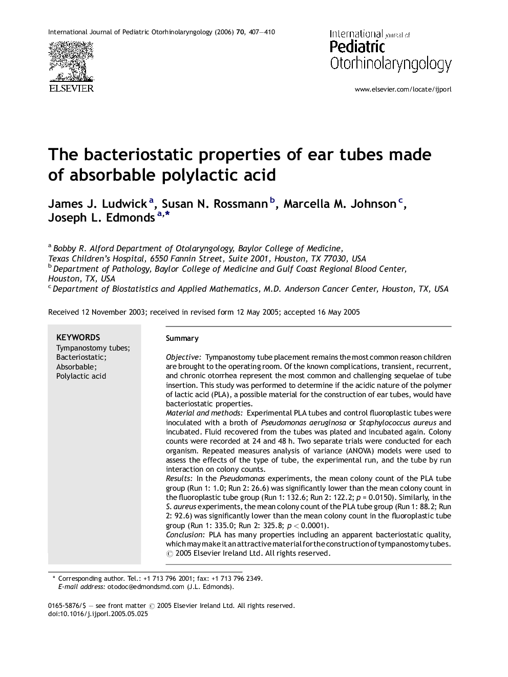 The bacteriostatic properties of ear tubes made of absorbable polylactic acid