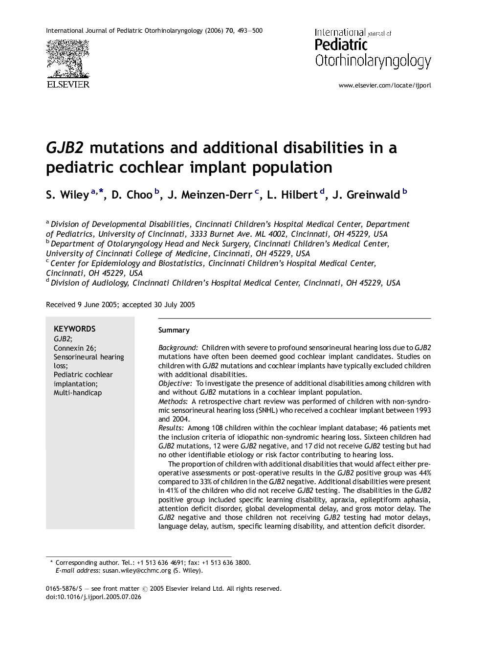 GJB2 mutations and additional disabilities in a pediatric cochlear implant population
