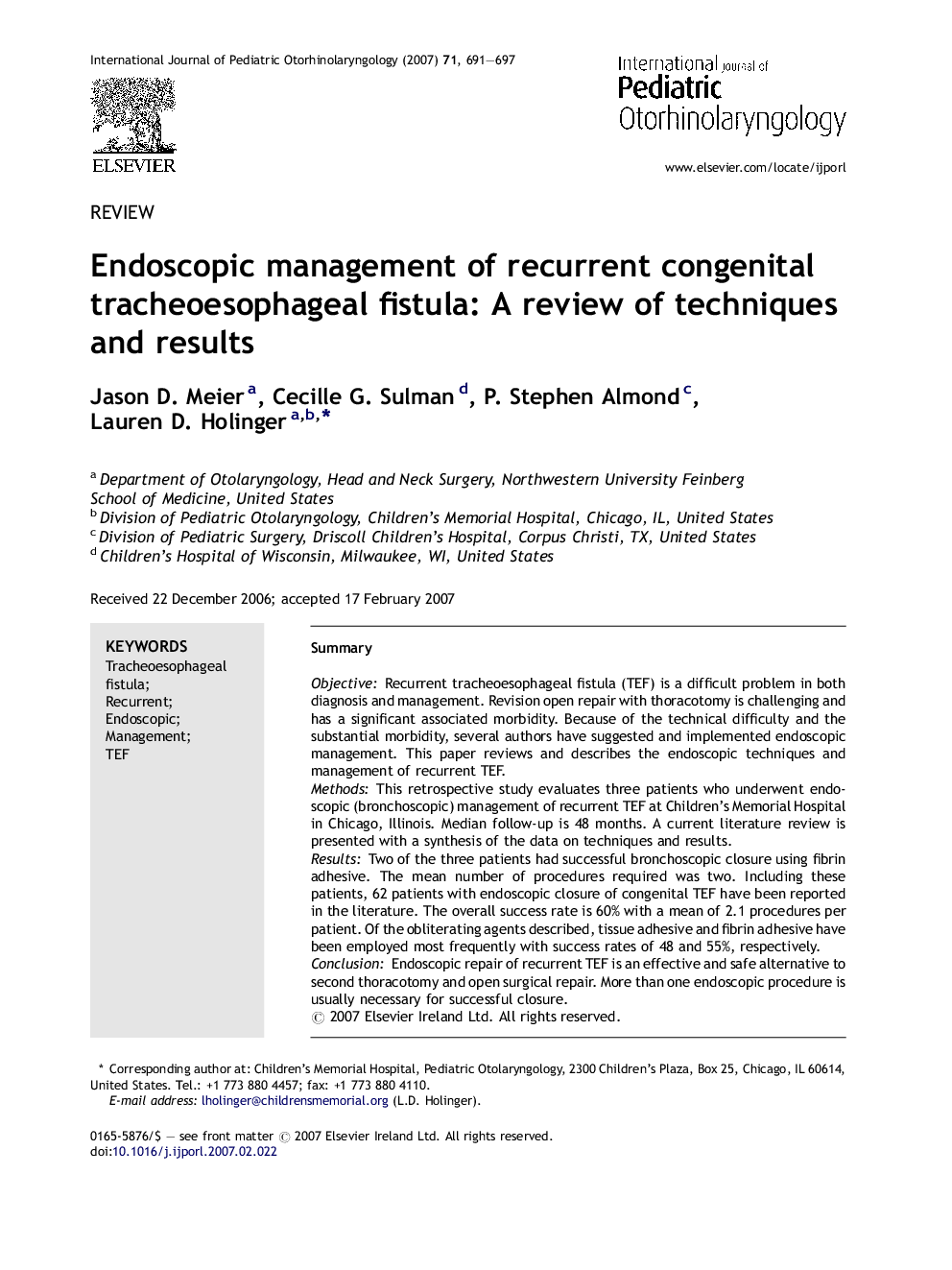 Endoscopic management of recurrent congenital tracheoesophageal fistula: A review of techniques and results