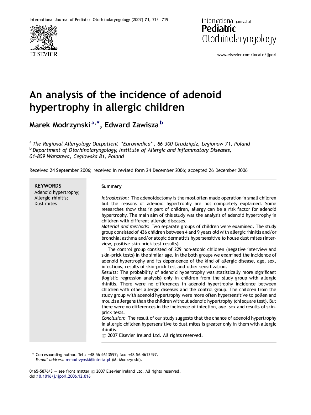 An analysis of the incidence of adenoid hypertrophy in allergic children