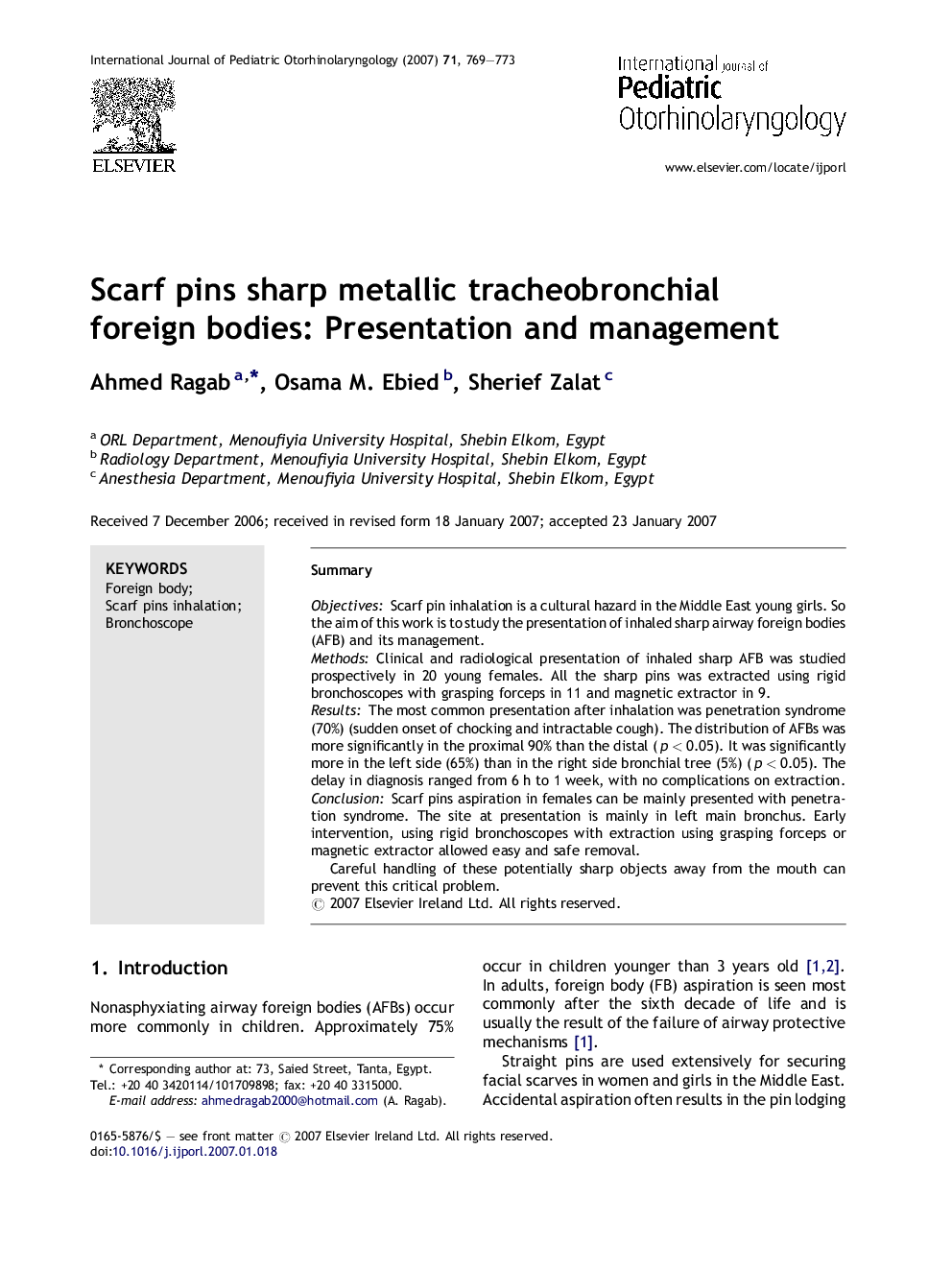 Scarf pins sharp metallic tracheobronchial foreign bodies: Presentation and management