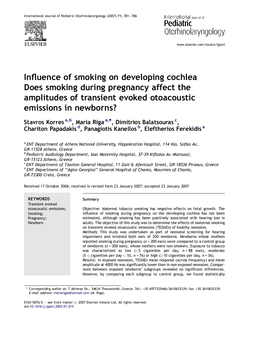 Influence of smoking on developing cochlea: Does smoking during pregnancy affect the amplitudes of transient evoked otoacoustic emissions in newborns?