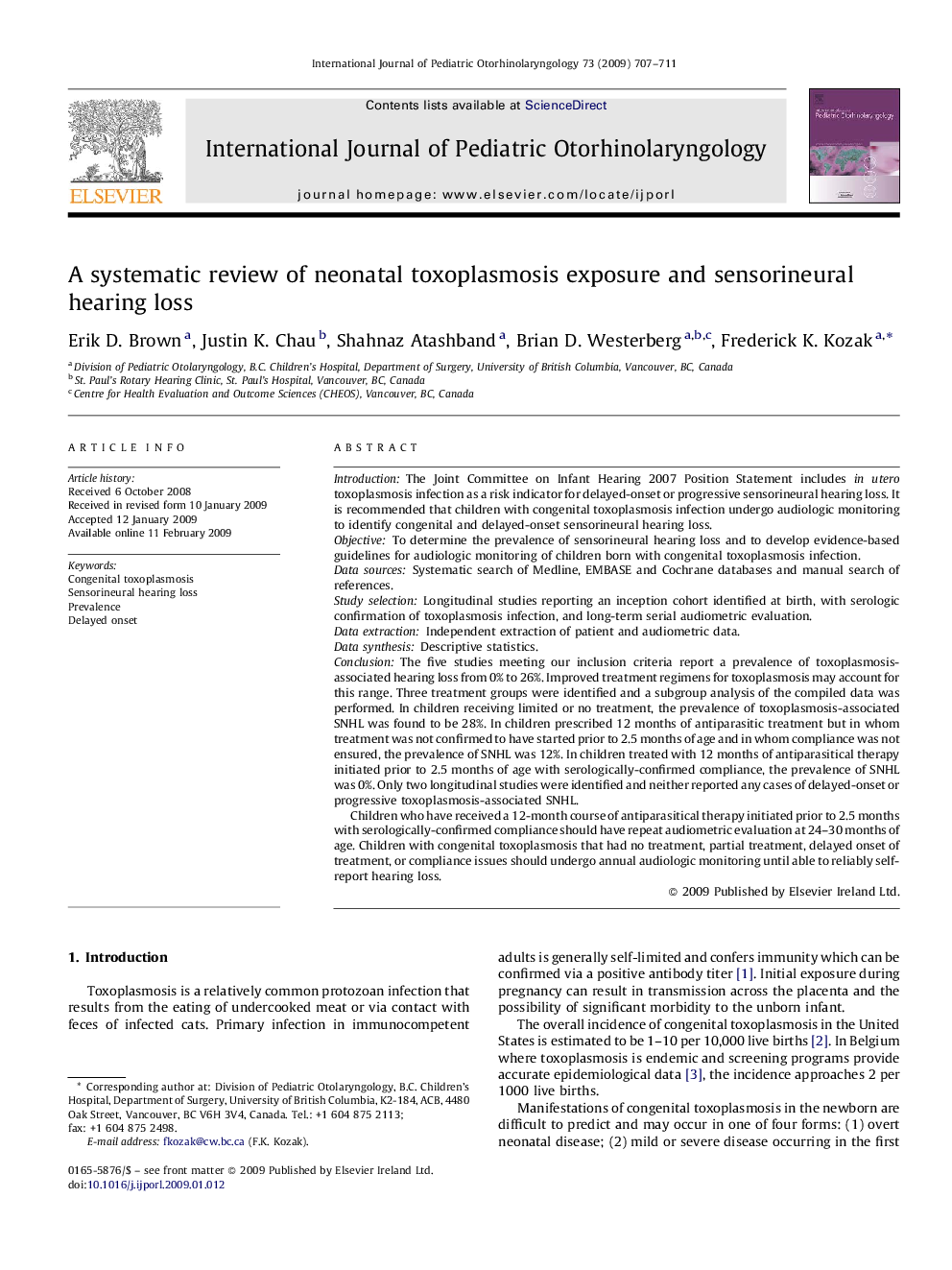 A systematic review of neonatal toxoplasmosis exposure and sensorineural hearing loss