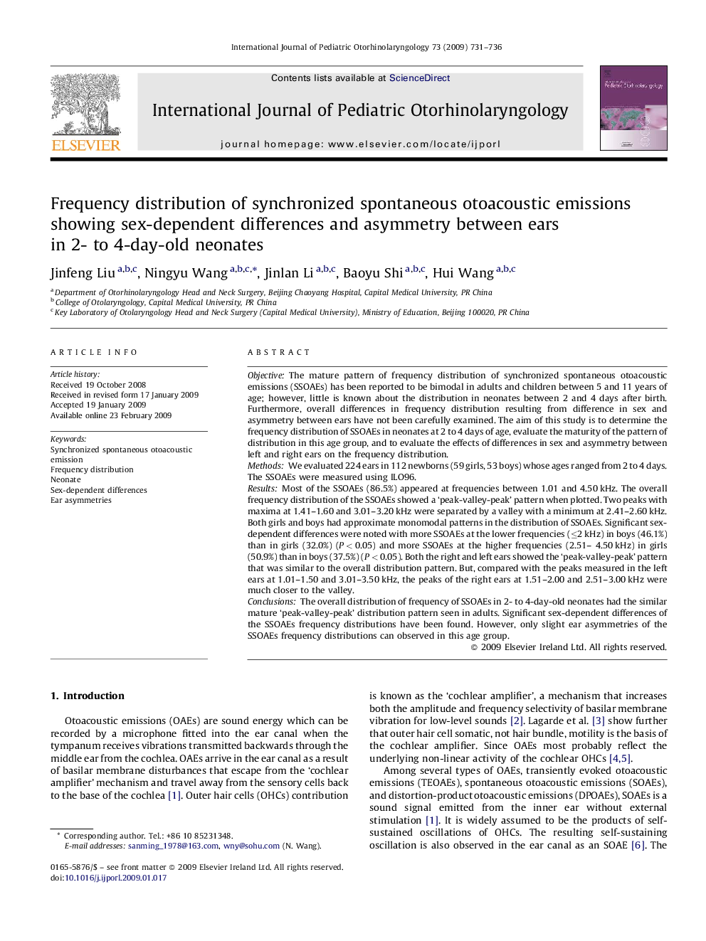 Frequency distribution of synchronized spontaneous otoacoustic emissions showing sex-dependent differences and asymmetry between ears in 2- to 4-day-old neonates